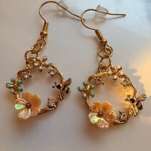 Gold Floral and Bee Drop Earrings